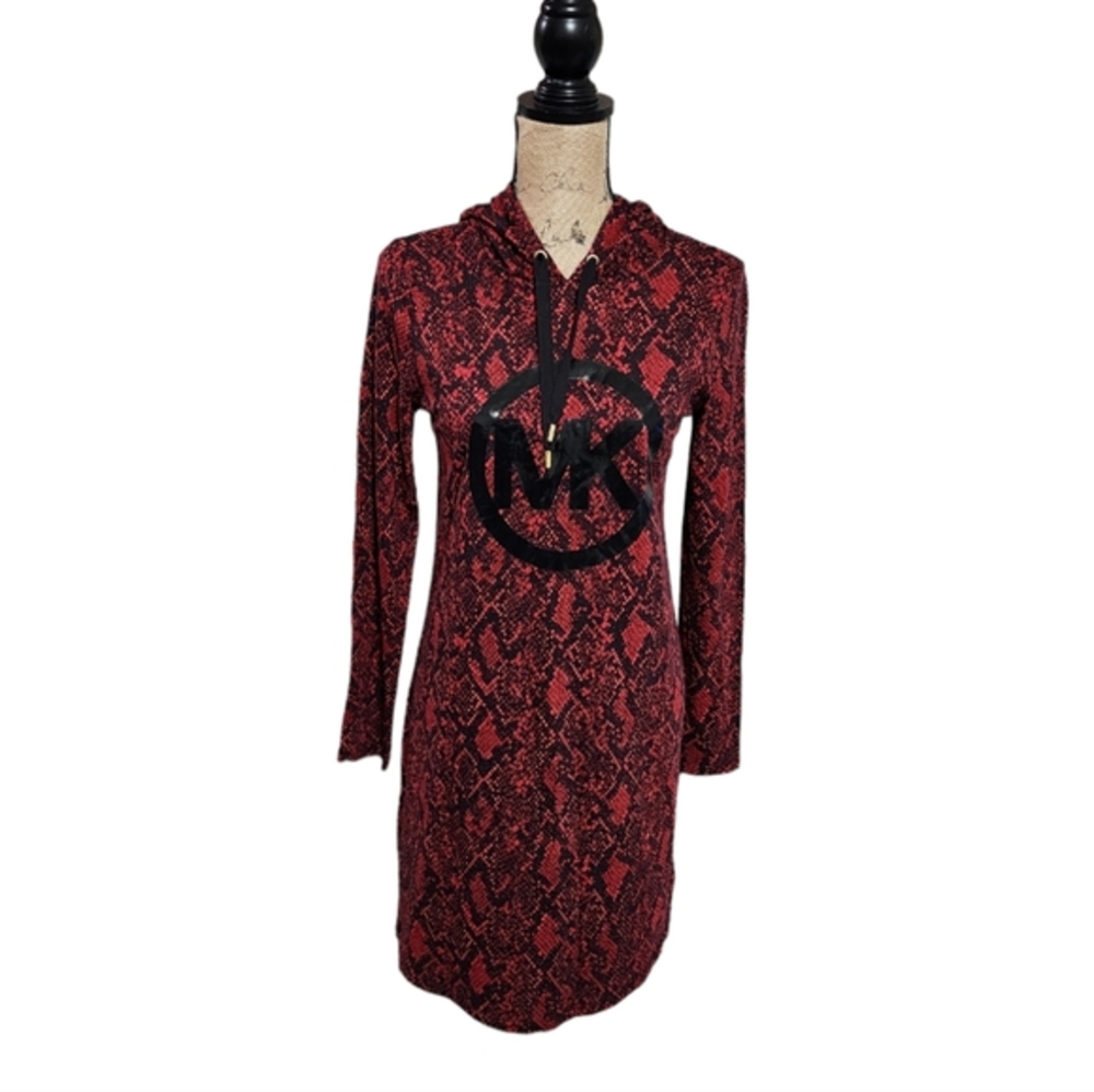 Michael Kors Womens Red Snakeskin Hoodie Dress Long Sleeve Logo Mini XS